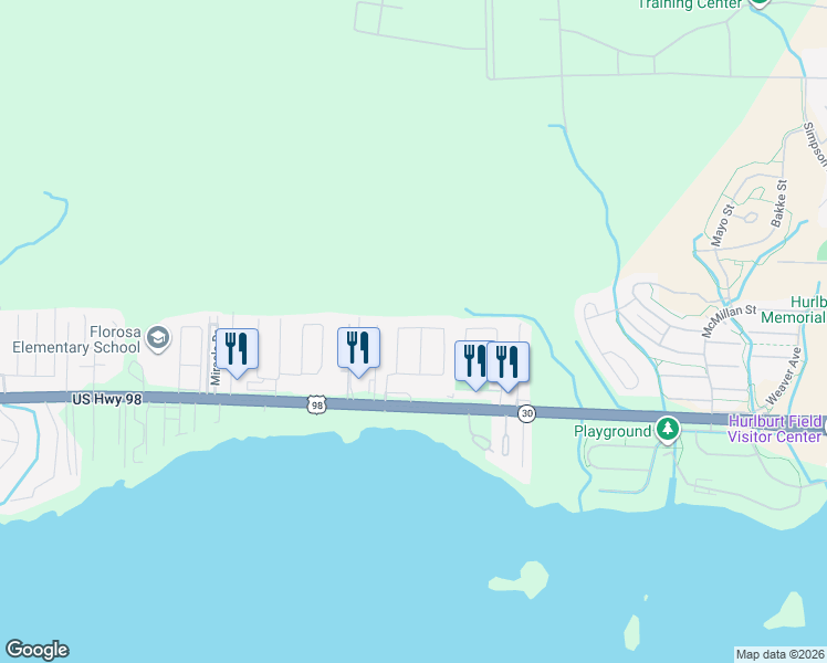 map of restaurants, bars, coffee shops, grocery stores, and more near 466 West Park Drive in Mary Esther