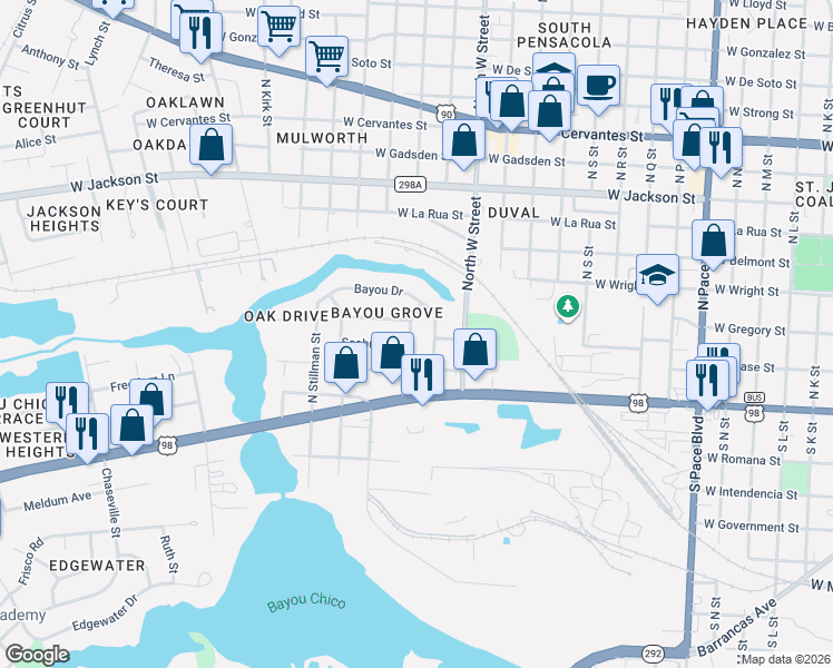 map of restaurants, bars, coffee shops, grocery stores, and more near 205 Davison Street in Pensacola