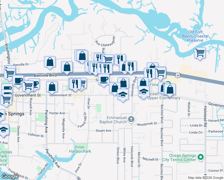 map of restaurants, bars, coffee shops, grocery stores, and more near 2121-2123 Government Street in Ocean Springs