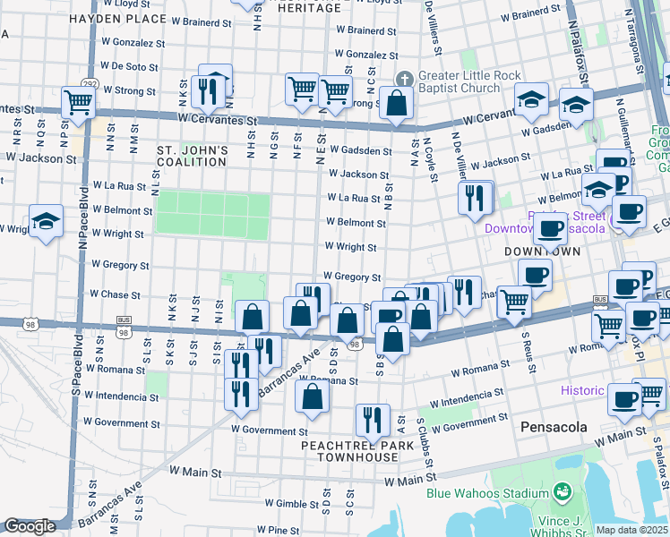 map of restaurants, bars, coffee shops, grocery stores, and more near 1000 W Gregory St in Pensacola