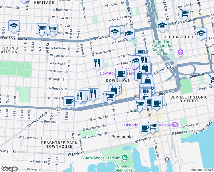 map of restaurants, bars, coffee shops, grocery stores, and more near 119 North Reus Street in Pensacola