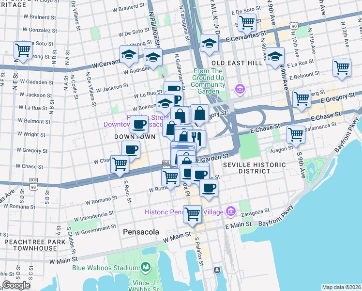 map of restaurants, bars, coffee shops, grocery stores, and more near 11 East Chase Street in Pensacola