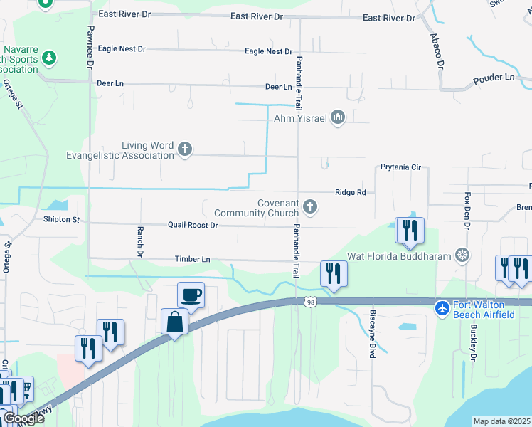 map of restaurants, bars, coffee shops, grocery stores, and more near 9150 Quail Roost Drive in Navarre