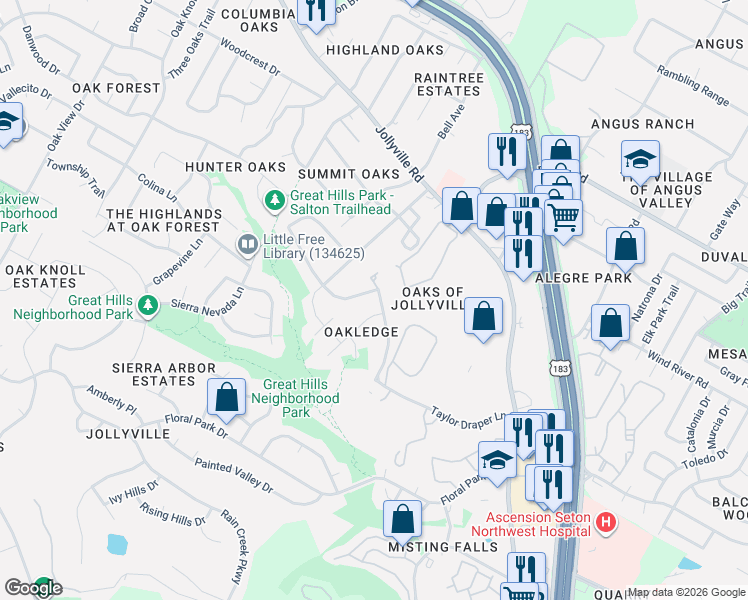 map of restaurants, bars, coffee shops, grocery stores, and more near 11318 Taylor Draper Lane in Austin