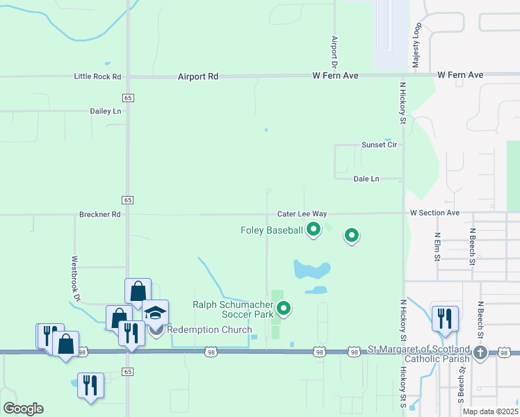 map of restaurants, bars, coffee shops, grocery stores, and more near 13125 Dale Lane in Foley