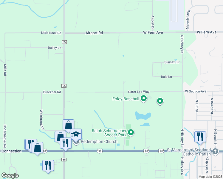 map of restaurants, bars, coffee shops, grocery stores, and more near Cater Lee Way in Foley
