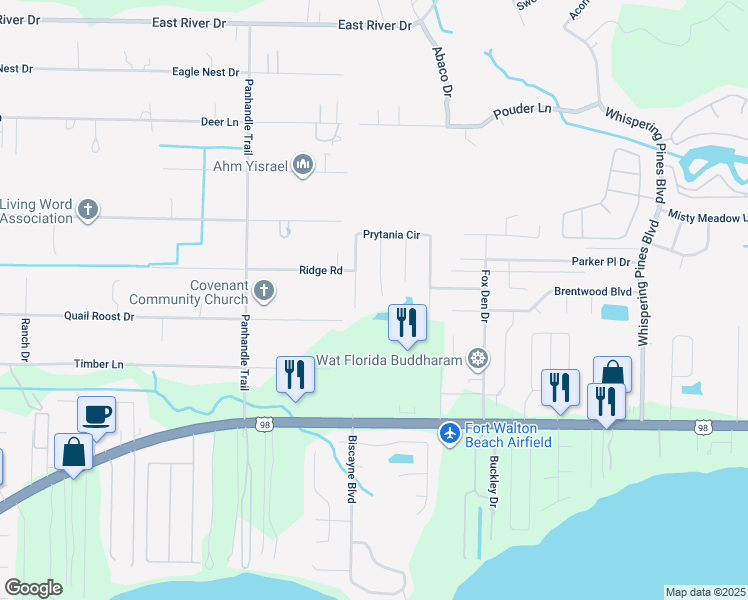 map of restaurants, bars, coffee shops, grocery stores, and more near 2217 Fulva Drive in Navarre