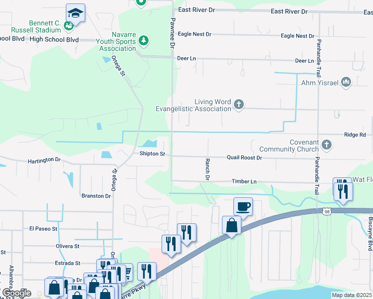 map of restaurants, bars, coffee shops, grocery stores, and more near 8928 Quail Roost Drive in Navarre
