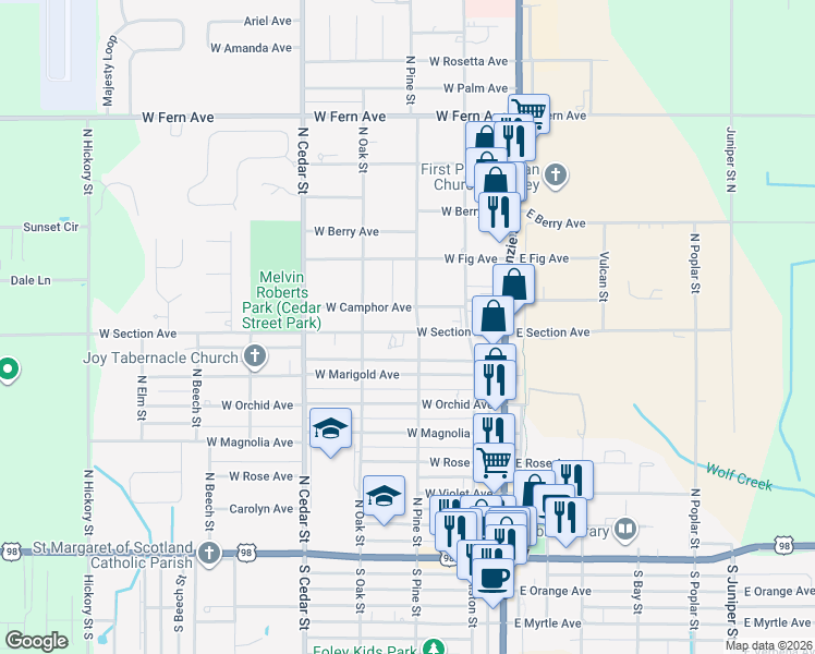 map of restaurants, bars, coffee shops, grocery stores, and more near 285 West Section Avenue in Foley