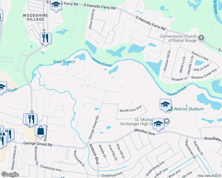 map of restaurants, bars, coffee shops, grocery stores, and more near 17510 George Oneal Road in Baton Rouge