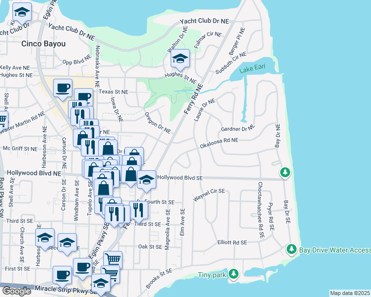 map of restaurants, bars, coffee shops, grocery stores, and more near 326 Okaloosa Road Northeast in Fort Walton Beach