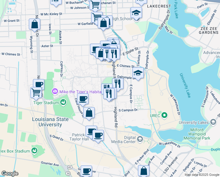 map of restaurants, bars, coffee shops, grocery stores, and more near in Baton Rouge