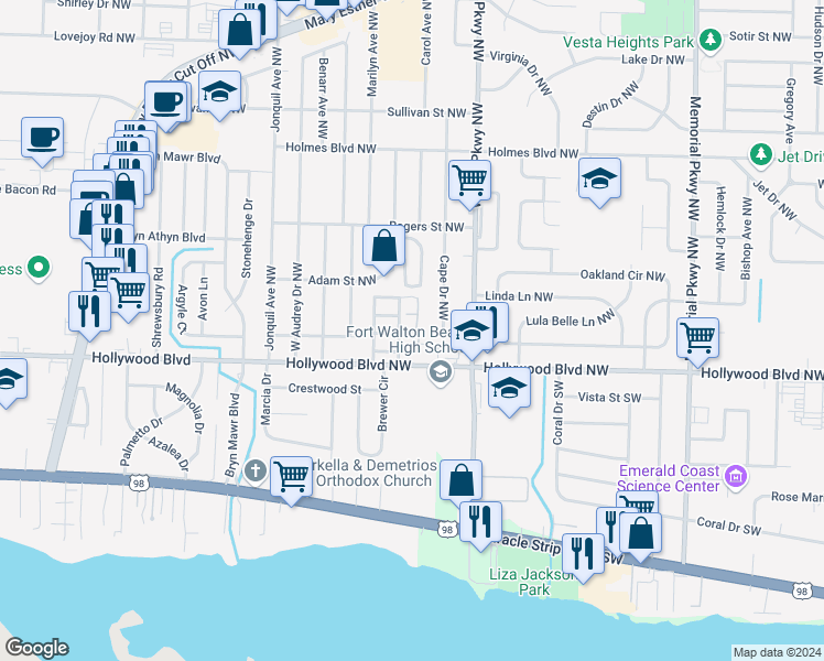 map of restaurants, bars, coffee shops, grocery stores, and more near 9 Sea Rover Lane Northwest in Fort Walton Beach