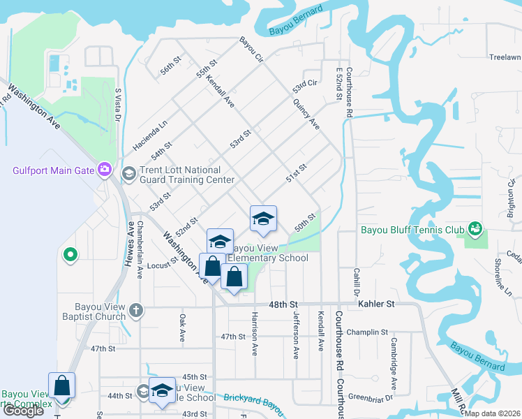 map of restaurants, bars, coffee shops, grocery stores, and more near 5001-5073 Lawson Avenue in Gulfport