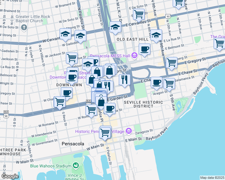 map of restaurants, bars, coffee shops, grocery stores, and more near 49 East Chase Street in Pensacola