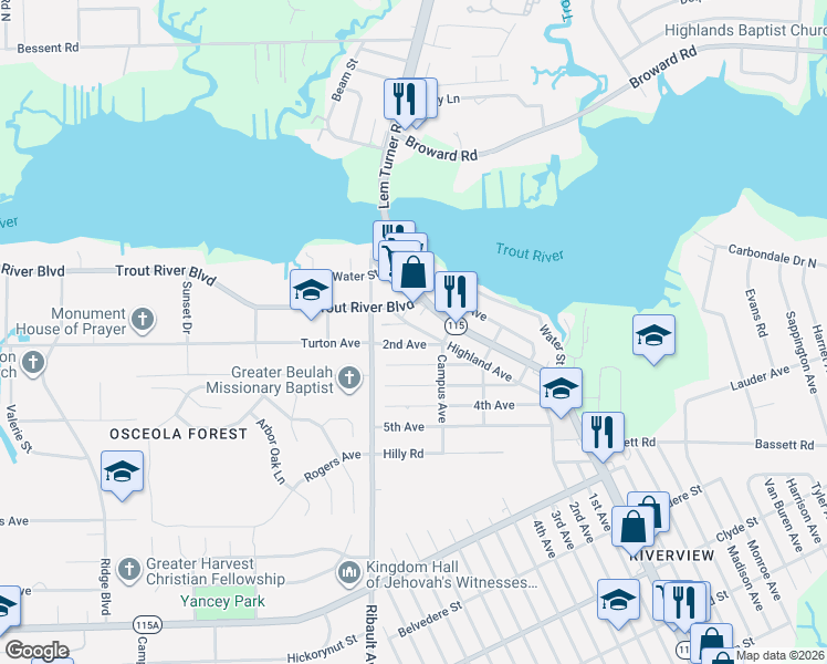 map of restaurants, bars, coffee shops, grocery stores, and more near 2355 2nd Avenue in Jacksonville