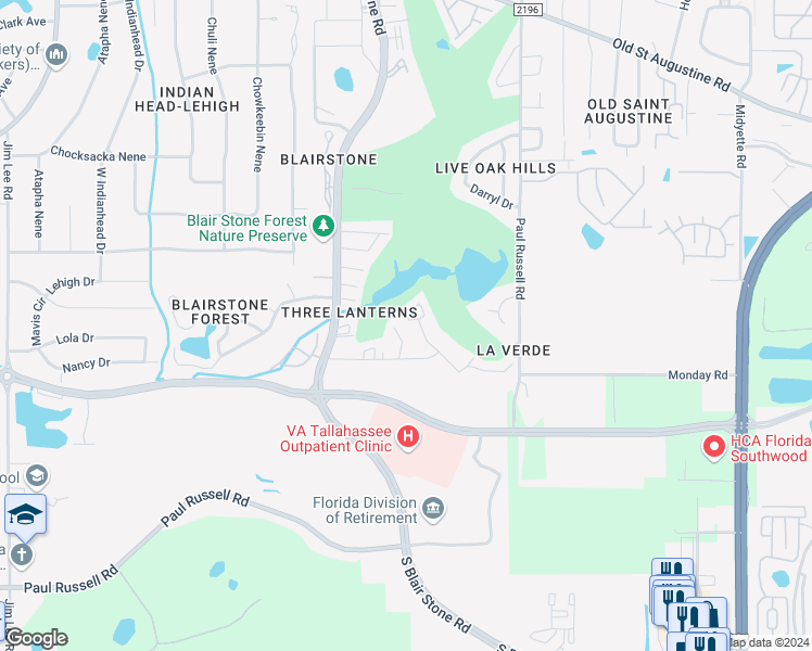 map of restaurants, bars, coffee shops, grocery stores, and more near 2884B Par Lane in Tallahassee