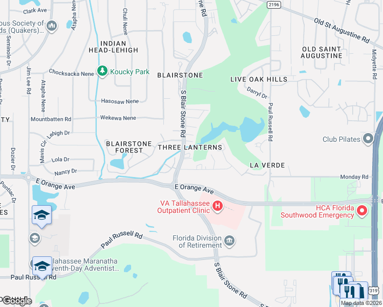 map of restaurants, bars, coffee shops, grocery stores, and more near 1566 Three Lanterns Lane in Tallahassee