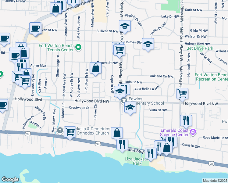 map of restaurants, bars, coffee shops, grocery stores, and more near 5 Cape Drive Northwest in Fort Walton Beach