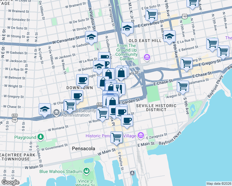 map of restaurants, bars, coffee shops, grocery stores, and more near 32 North Palafox Street in Pensacola