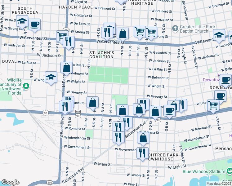 map of restaurants, bars, coffee shops, grocery stores, and more near 1400 West Gregory Street in Pensacola
