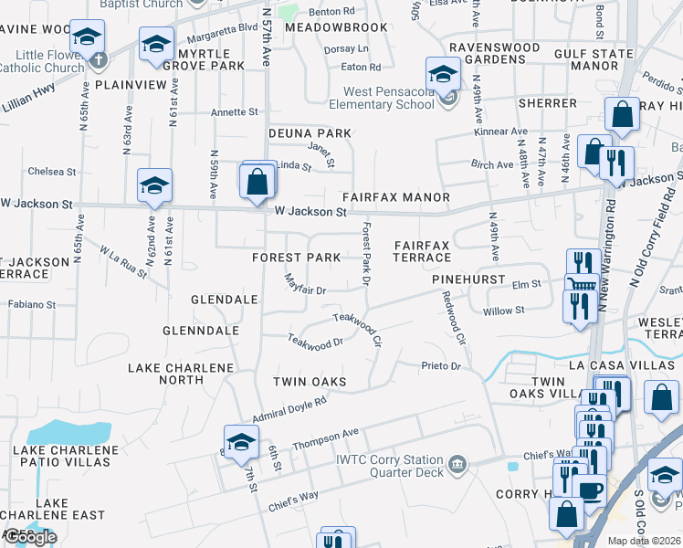 map of restaurants, bars, coffee shops, grocery stores, and more near 5516 Canterbury Circle in Pensacola