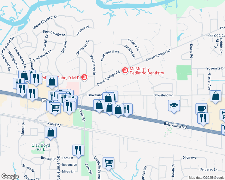 map of restaurants, bars, coffee shops, grocery stores, and more near 116 Station Drive in Ocean Springs