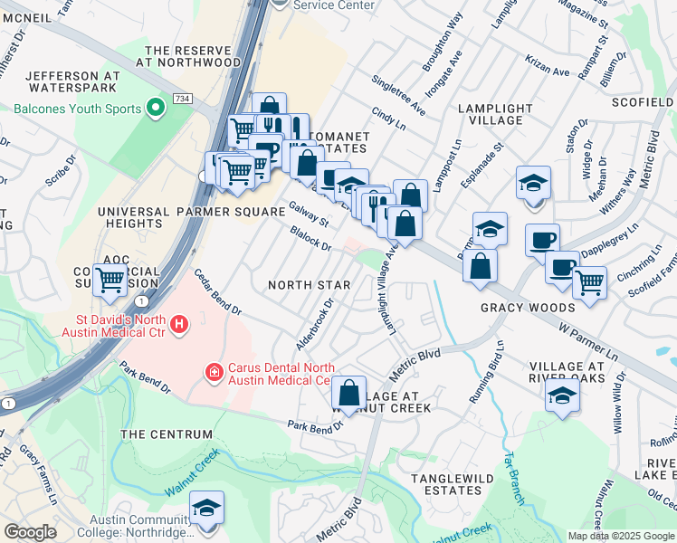 map of restaurants, bars, coffee shops, grocery stores, and more near 12325 Limerick Avenue in Austin