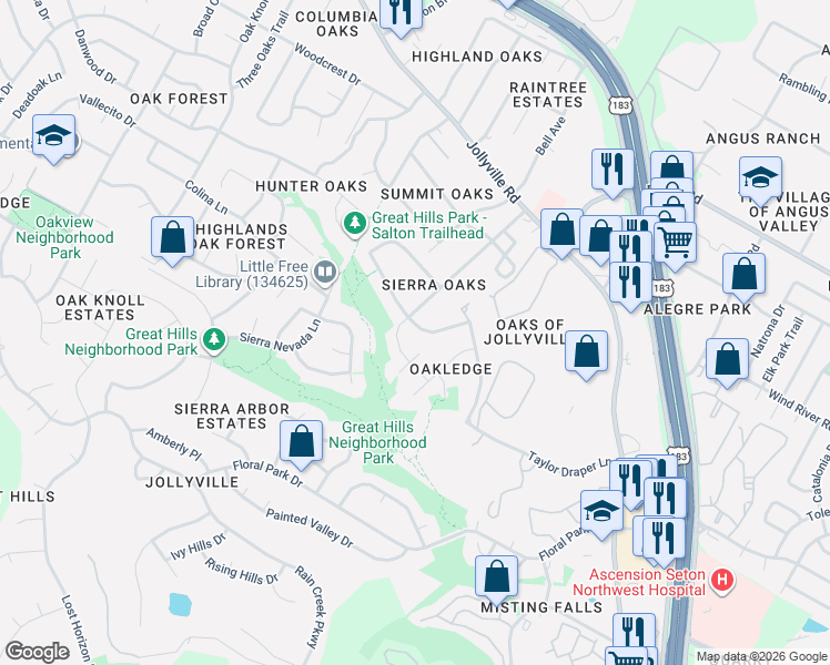 map of restaurants, bars, coffee shops, grocery stores, and more near 5713 Taylor Draper Cove in Austin