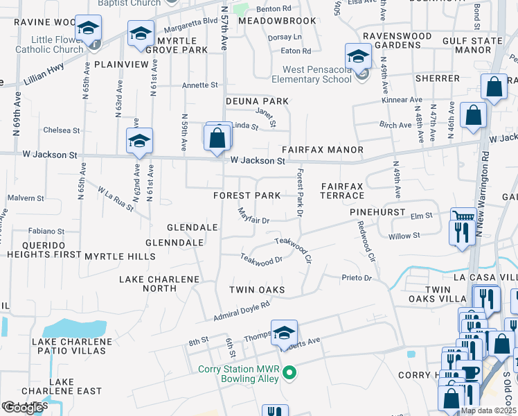 map of restaurants, bars, coffee shops, grocery stores, and more near 404 Clairmont Drive in Pensacola