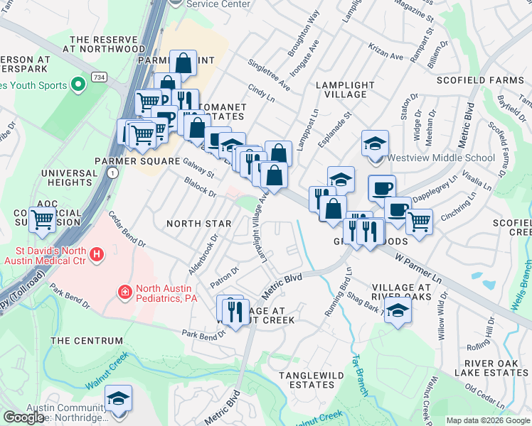 map of restaurants, bars, coffee shops, grocery stores, and more near 12425 Lamplight Village Avenue in Austin