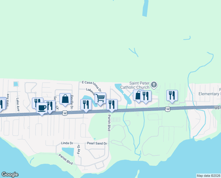 map of restaurants, bars, coffee shops, grocery stores, and more near Timberlake Court in Mary Esther