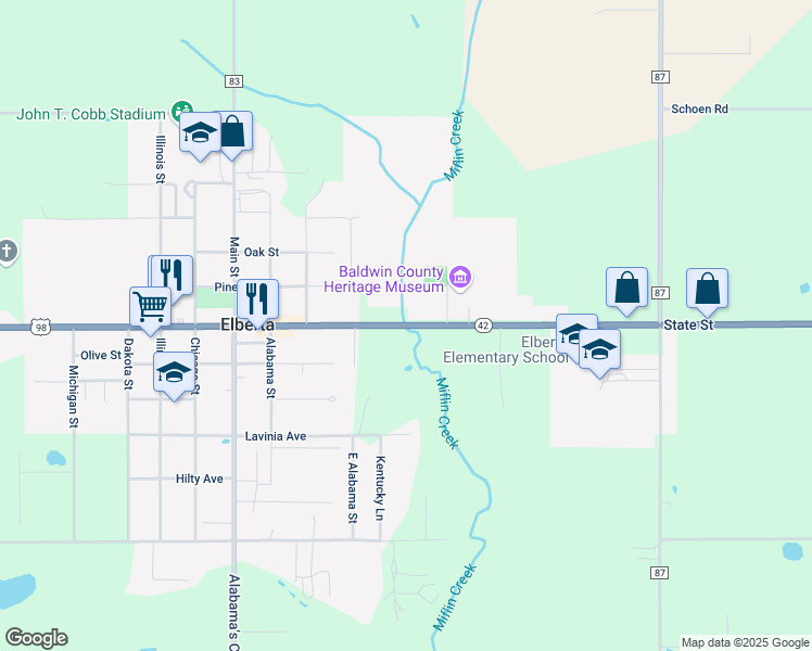 map of restaurants, bars, coffee shops, grocery stores, and more near 25431 State Street in Elberta