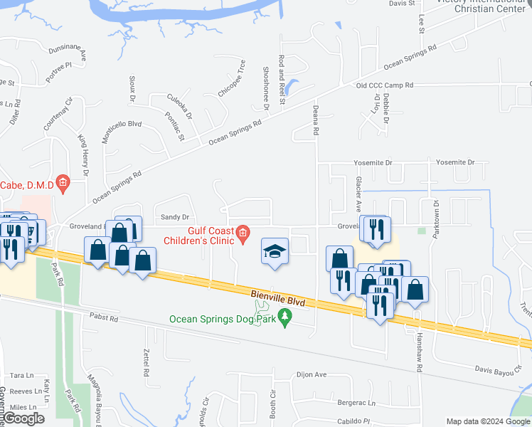 map of restaurants, bars, coffee shops, grocery stores, and more near 4125 Silverwood Drive in Ocean Springs
