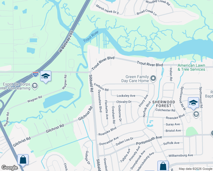 map of restaurants, bars, coffee shops, grocery stores, and more near 5337 Foxboro Road in Jacksonville