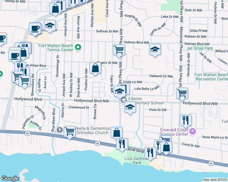 map of restaurants, bars, coffee shops, grocery stores, and more near 5 Cape Drive Northwest in Fort Walton Beach