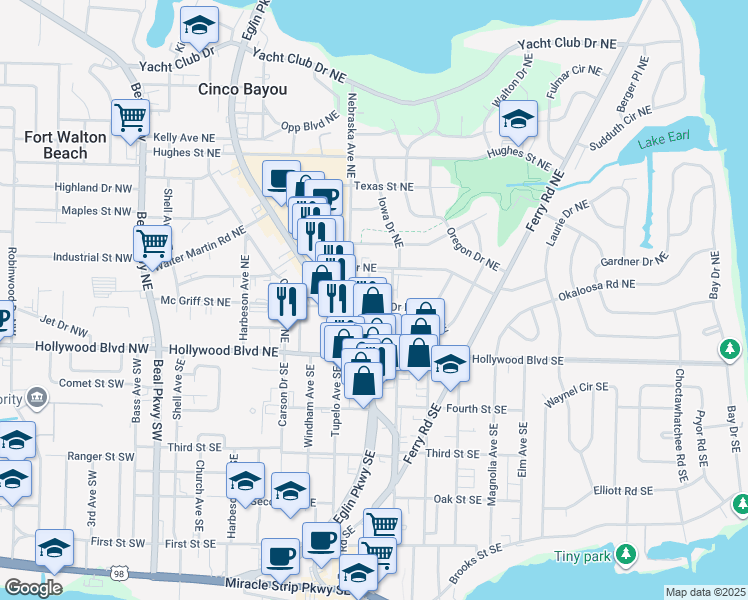 map of restaurants, bars, coffee shops, grocery stores, and more near 133 Hospital Drive Northeast in Fort Walton Beach