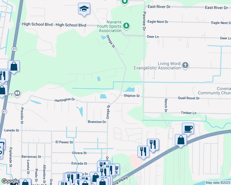 map of restaurants, bars, coffee shops, grocery stores, and more near 8294 Hazelgrove Court in Navarre