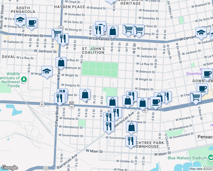 map of restaurants, bars, coffee shops, grocery stores, and more near 1400 West Gregory Street in Pensacola