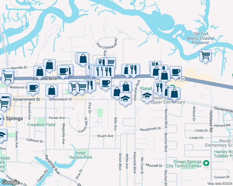 map of restaurants, bars, coffee shops, grocery stores, and more near 605 Cottage Square Lane in Ocean Springs