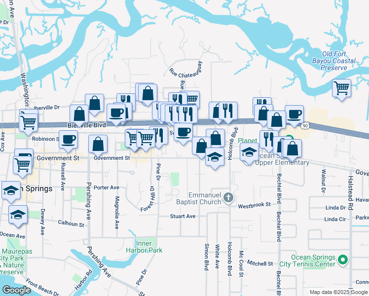 map of restaurants, bars, coffee shops, grocery stores, and more near 2121-2123 Government Street in Ocean Springs