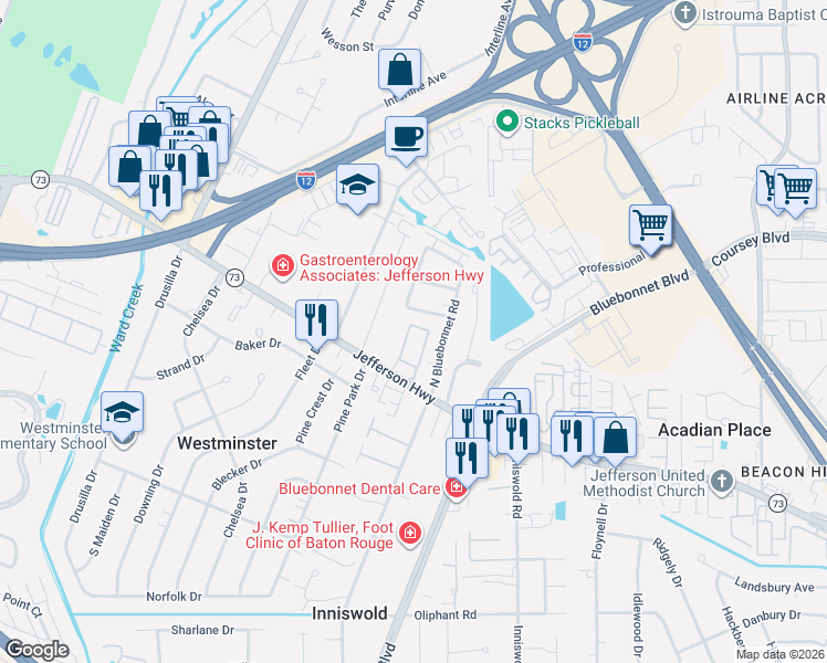 map of restaurants, bars, coffee shops, grocery stores, and more near 9620 Jefferson Highway in Baton Rouge