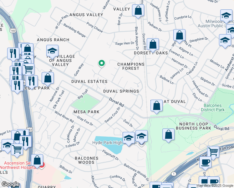 map of restaurants, bars, coffee shops, grocery stores, and more near 4508 Duval Road in Austin