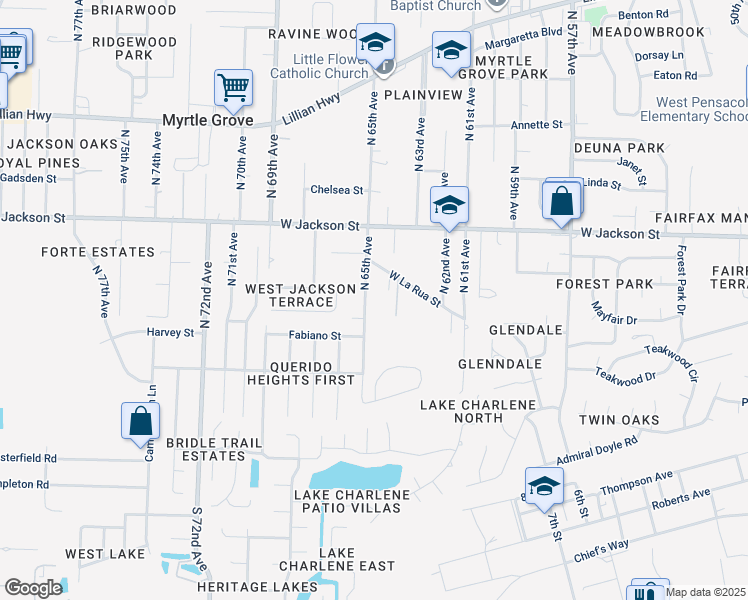 map of restaurants, bars, coffee shops, grocery stores, and more near 400 North 65th Avenue in Pensacola
