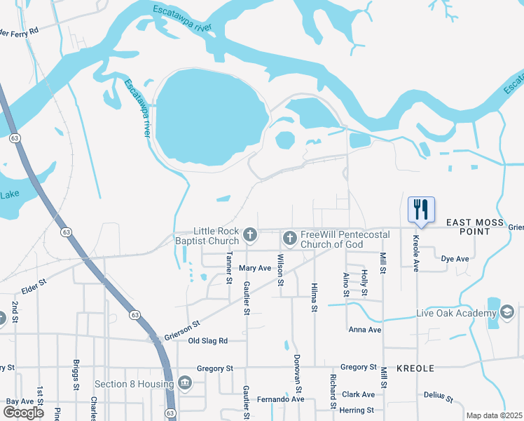 map of restaurants, bars, coffee shops, grocery stores, and more near 5013 Pecan St in Moss Point
