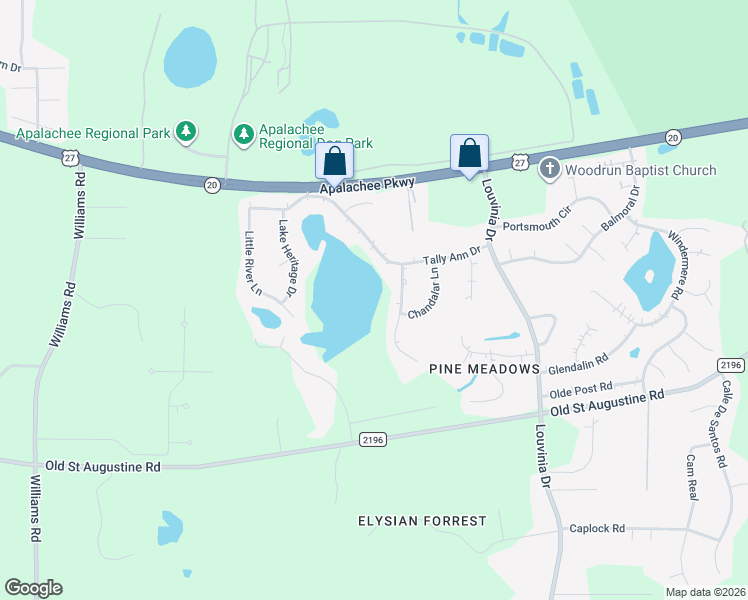 map of restaurants, bars, coffee shops, grocery stores, and more near 2598 Chateau Lane in Tallahassee