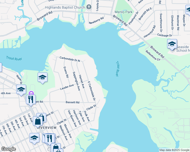 map of restaurants, bars, coffee shops, grocery stores, and more near 9605 East Carbondale Drive in Jacksonville