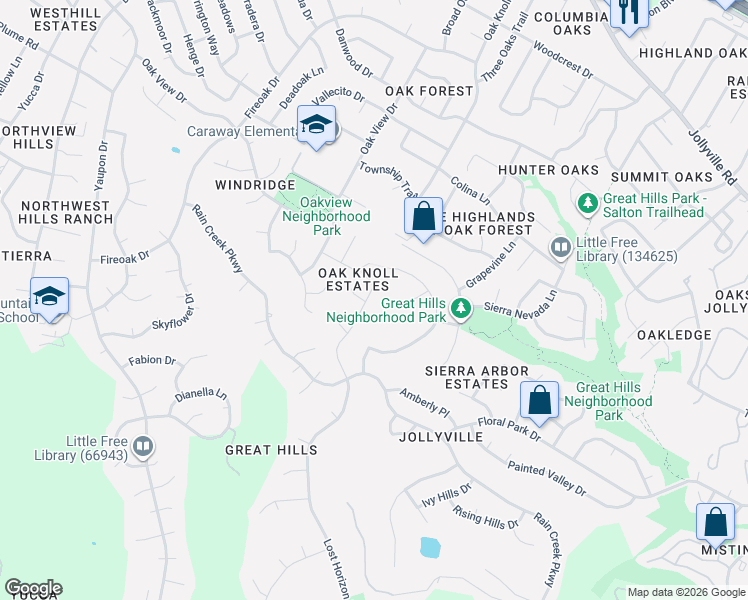 map of restaurants, bars, coffee shops, grocery stores, and more near 6626 Lost Horizon Drive in Austin