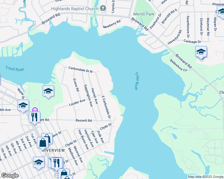 map of restaurants, bars, coffee shops, grocery stores, and more near 9605 Carbondale Drive East in Jacksonville