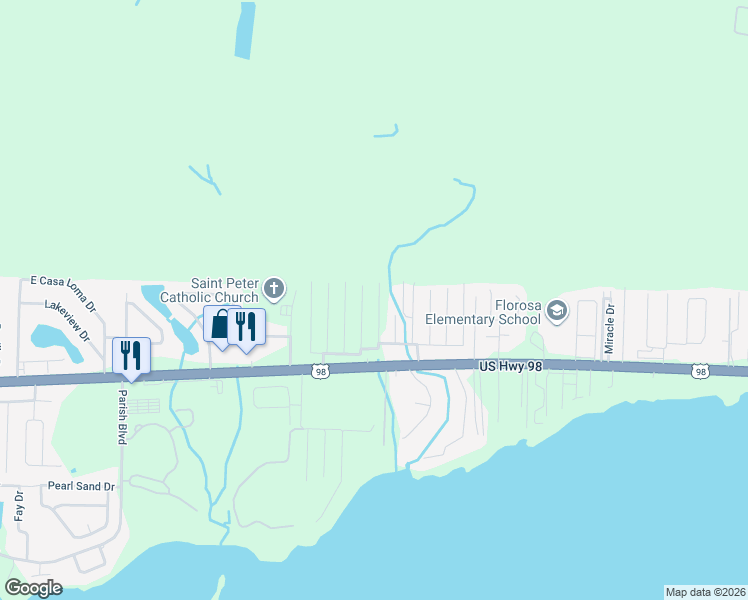 map of restaurants, bars, coffee shops, grocery stores, and more near 414 Little John Road in Mary Esther